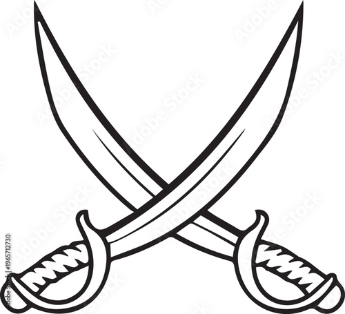 Crossed scimitar swords vector illustration, pirate cutlass sabre icon with curved blades, traditional middle eastern weapon line art