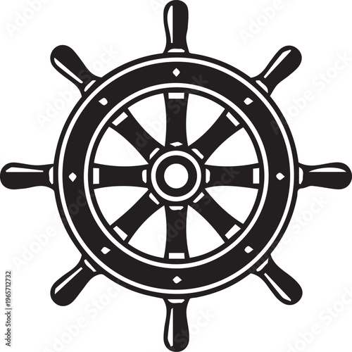 Vintage nautical ship wheel vector icon, black and white maritime steering wheel illustration, classic wooden helm symbol for marine navigation