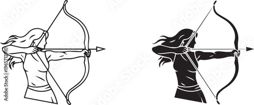 Female archer vector silhouettes, woman aiming bow and arrow in profile, black and white archery athlete illustrations, hunting and sport icons