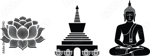 Buddha meditation silhouette with lotus and temple isolated on white background spiritual zen yoga vector illustration set design