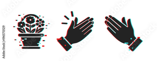 Potted flower and clapping hands icons with glitch effect. Glitch effect