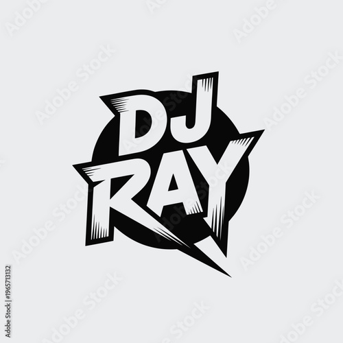 Vintage style logo for a disc jockey named dj ray with dynamic typography isolated on white background, Vector, illustration