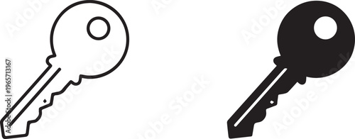 Minimalist door key vector icons, black silhouette and outline house key set, security and access symbol for real estate and locksmith services