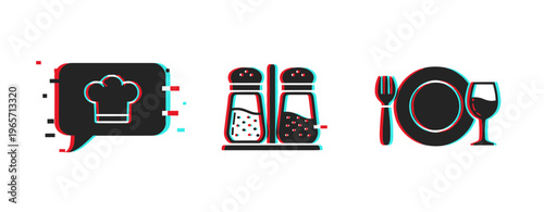 Food icons depicting condiments and tableware on white background. Glitch effect