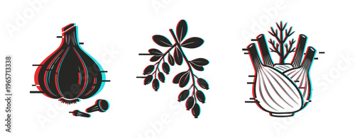 Culinary herb and vegetable icons showing garlic and fennel. Glitch effect