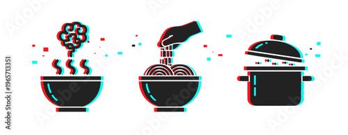 Hand adding garnish to noodle bowl with steaming soup and cooking pot. Glitch effect