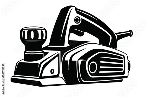 Black and white illustration of electric wood planer on white background