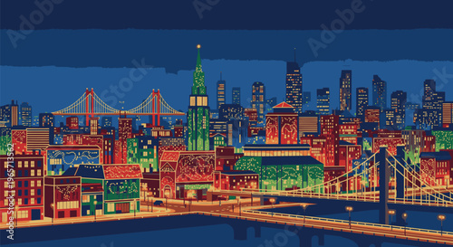 Vibrant City Skyline at Night with Bridge.