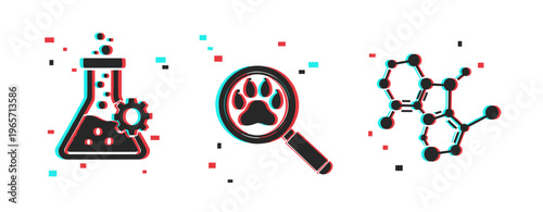 Laboratory flask, magnifier paw and molecule icons representing research themes. Glitch effect