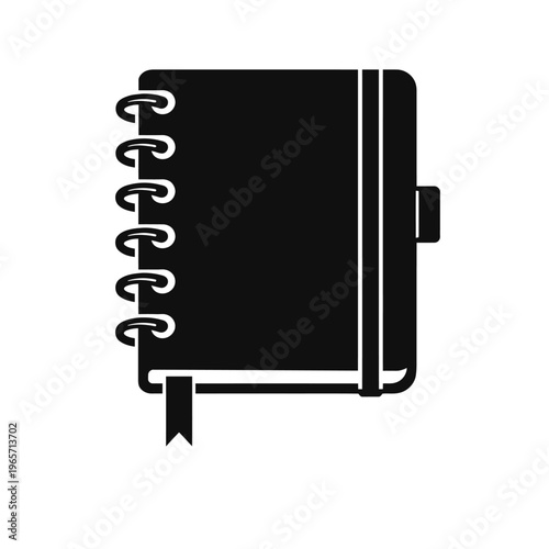 Black spiral bound notebook with elastic closure and bookmark on white background