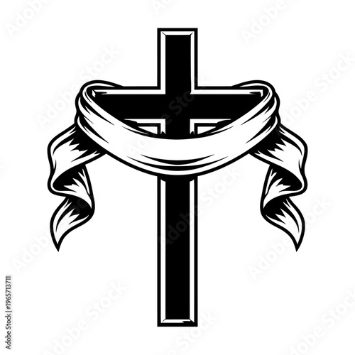 A black and white illustration of a cross with a cloth wrapped around it, symbolizing faith and spirituality in a simple yet powerful design