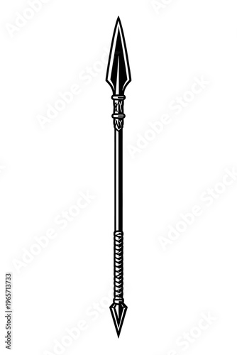 A black and white illustration of a spear with a pointed tip and wrapped handle, perfect for historical or hunting themes.