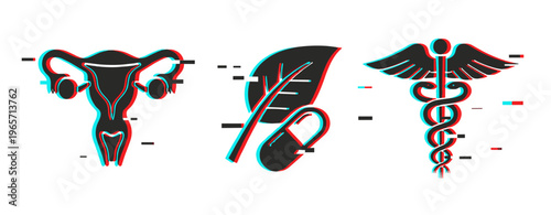 Uterus, herbal capsule and medical caduceus icons on white. Glitch effect