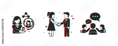 Recruitment handshake and group discussion icons on white. Glitch effect