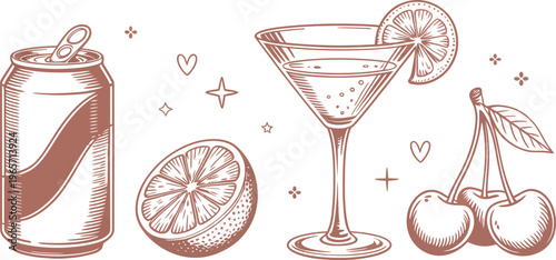 Vintage style of a soda can, sliced orange, martini glass with lemon, and cherries