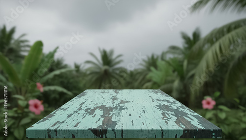 Weathered wooden table mockup with tropical jungle background