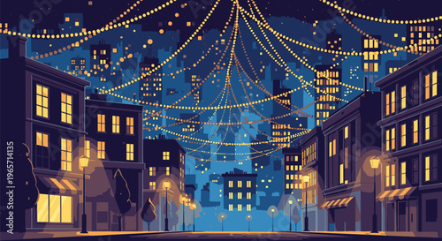 Festive City Street with Christmas Lights.