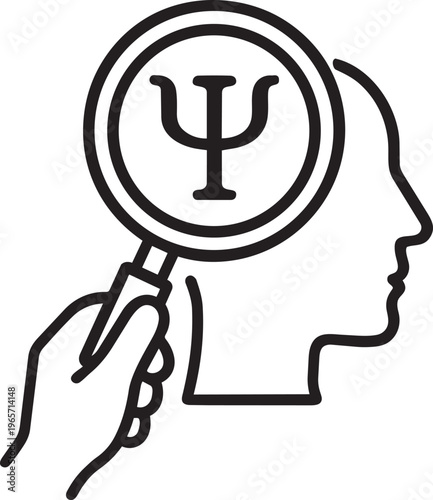 Magnifying glass inspecting human head profile psychological analysis and mental health research linear vector icon