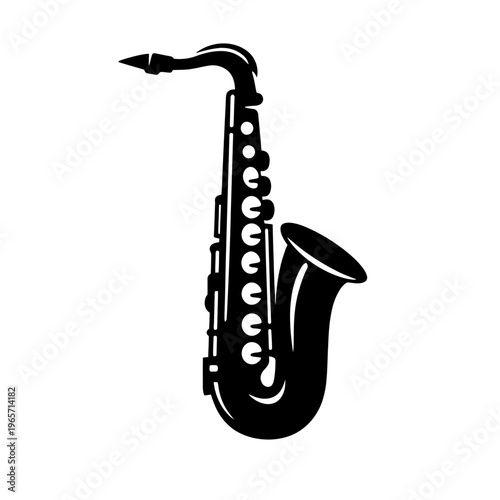 Black silhouette of a saxophone on a white background, musical instrument, jazz, music, sax, saxophonist, illustration