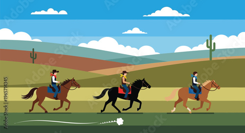 Cowboys Riding Horses, Western Landscape, Vector Illustration, Equestrian Scene