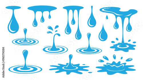 Set of blue water drops vector illustration icon collection