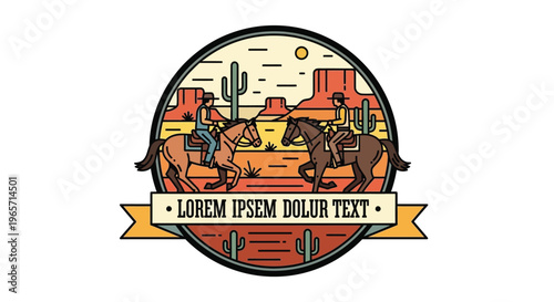 Western cowboy logo, desert landscape badge, vintage cowboy illustration, circular emblem