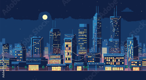 City Skyline at Night with Moonlight.