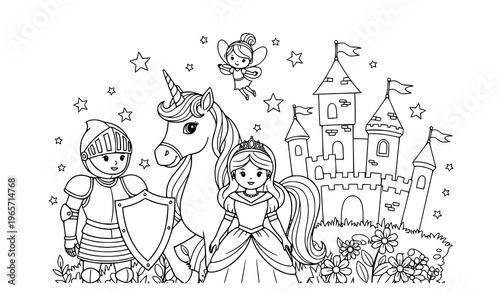 Fairy tales coloring page for kids with princess castle dragon and magical fantasy elements