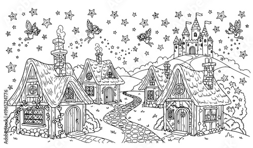 Fairy tale village coloring page for kids with enchanted houses castle and magical scenery