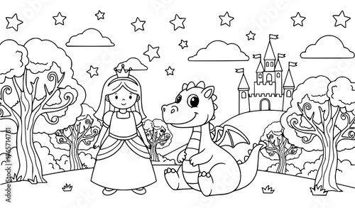 Kids fairy tale coloring page with unicorn knight princess and magical characters collection
