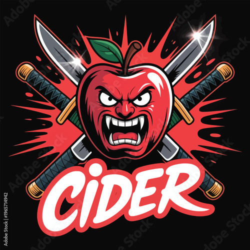Angry apple character with knives labeled cider in a fierce design isolated on white background, Vector, illustration
