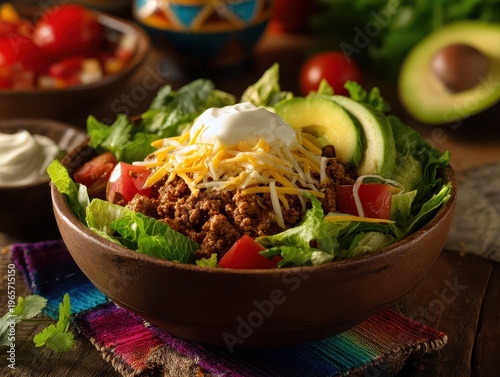 Beef taco salad with fresh avocado, served in rustic wooden bowl, vibrant Mexican dinner setting
