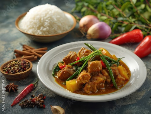 Spicy meat curry with potatoes and green beans, side of white rice, rustic table