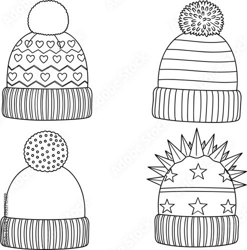 Winter Beanie Hat Line Art Set with Different Patterns, Pom Pom Styles, and Knitted Designs for Fashion, Clothing, and Cold Season Vector Illustration.
