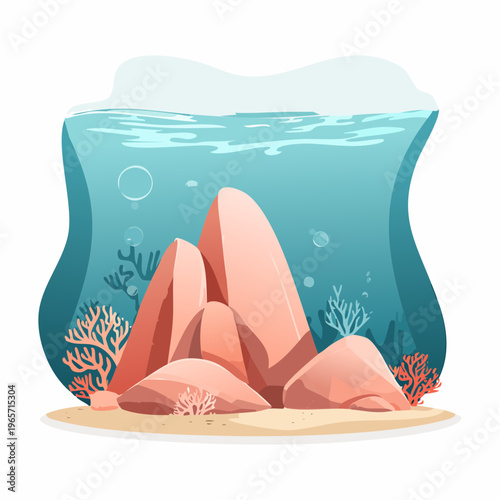 Underwater scene with coral reefs and rocks, vibrant marine life illustration
