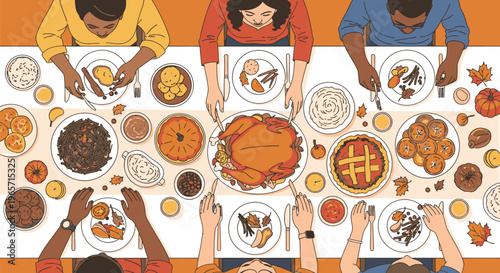 Diverse People Sharing Thanksgiving Meal Together.