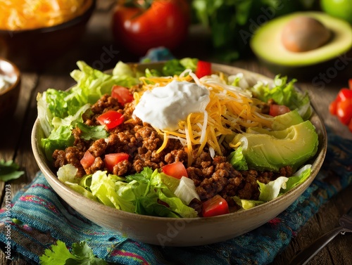Taco salad with seasoned ground beef, cheese, avocado, rustic wooden table, fresh healthy meal