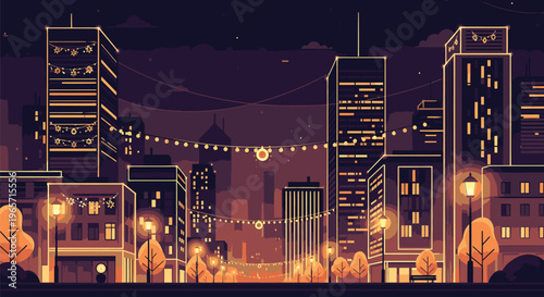 Cityscape Night Scene with Buildings and Lights.