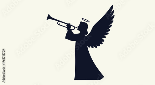 Angel silhouette, trumpet player, religious icon, black graphic