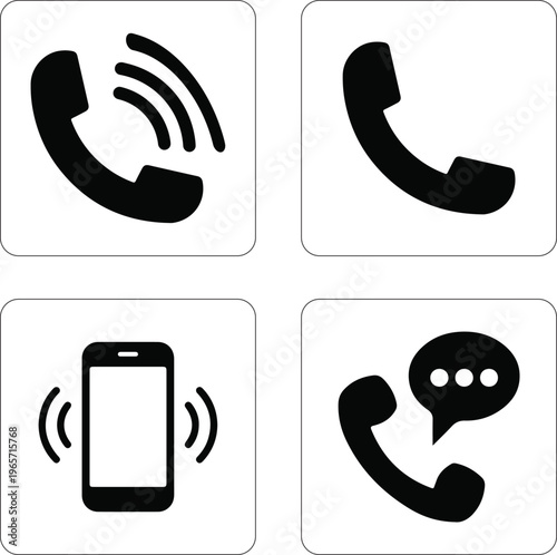 Phone Call Icons Set – Incoming, Outgoing, Ringing & Chat Symbols (Black Minimal Vector)