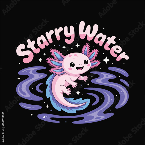 Whimsical axolotl creature floating in starry water with colorful wings isolated on white background, Vector, illustration