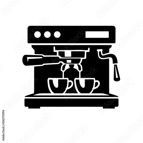 Black silhouette of a coffee machine with two cups on a white background, coffee maker icon