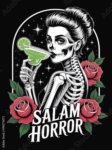 Skeleton woman sipping cocktail amidst roses with a dark, eerie vibe isolated on white background, Vector, illustration