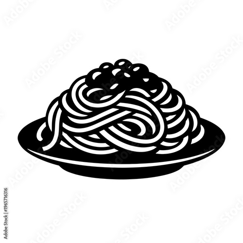 A plate of spaghetti with tomato sauce on a white background, a simple black and white illustration of pasta