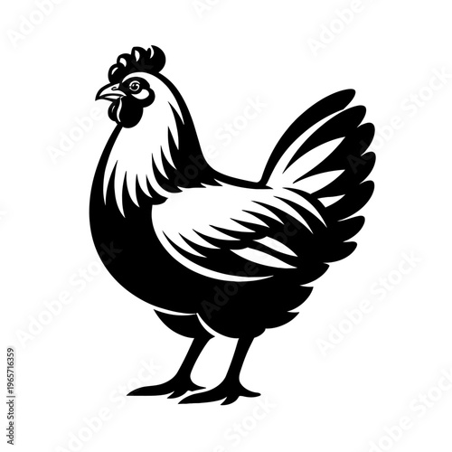 A black and white illustration of a rooster standing proudly with feathers fluffed out and beak open in a strong stance