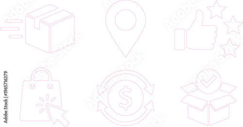 E-commerce vector icon set, modern online shopping and delivery symbols, digital retail and business service graphics, 6 pink outline icons for web and app design