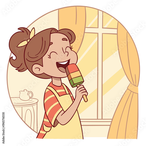 Happy girl eating colorful popsicle, summer fun, cartoon illustration, vector graphics