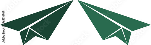 Two dark green paper airplanes, simple origami craft vector illustration. Minimalist communication and travel symbol, creative idea concept.
