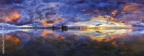 360° x 170° panorama with glorious sunset at Carters Beach, cloudy sky, Water Reflection, Westport, West Coast, Southland, New Zealand