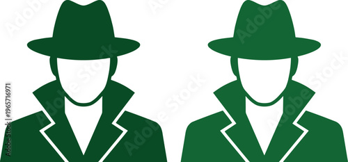 Mysterious green spy icon, anonymous detective avatar, secret agent silhouette vector graphic for security and privacy concepts